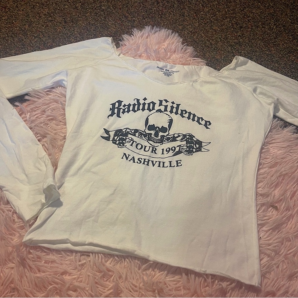 Brandy Melville John Galt White Long Sleeve Radio Silence Tour Skull Top OS